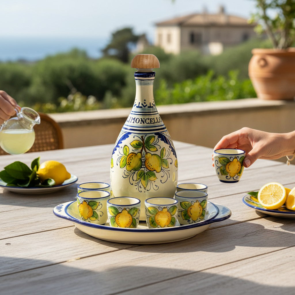 LIMONCELLO: Set da limoncello con decorazioni blu - Bottiglia con tappo, vassoio e 6 bicchierini - (Liquore al limoncello non incluso)