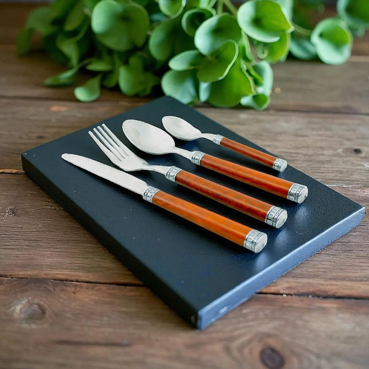 Wood Handle Flatware - 24 Piece Flatware Set for Serving Six