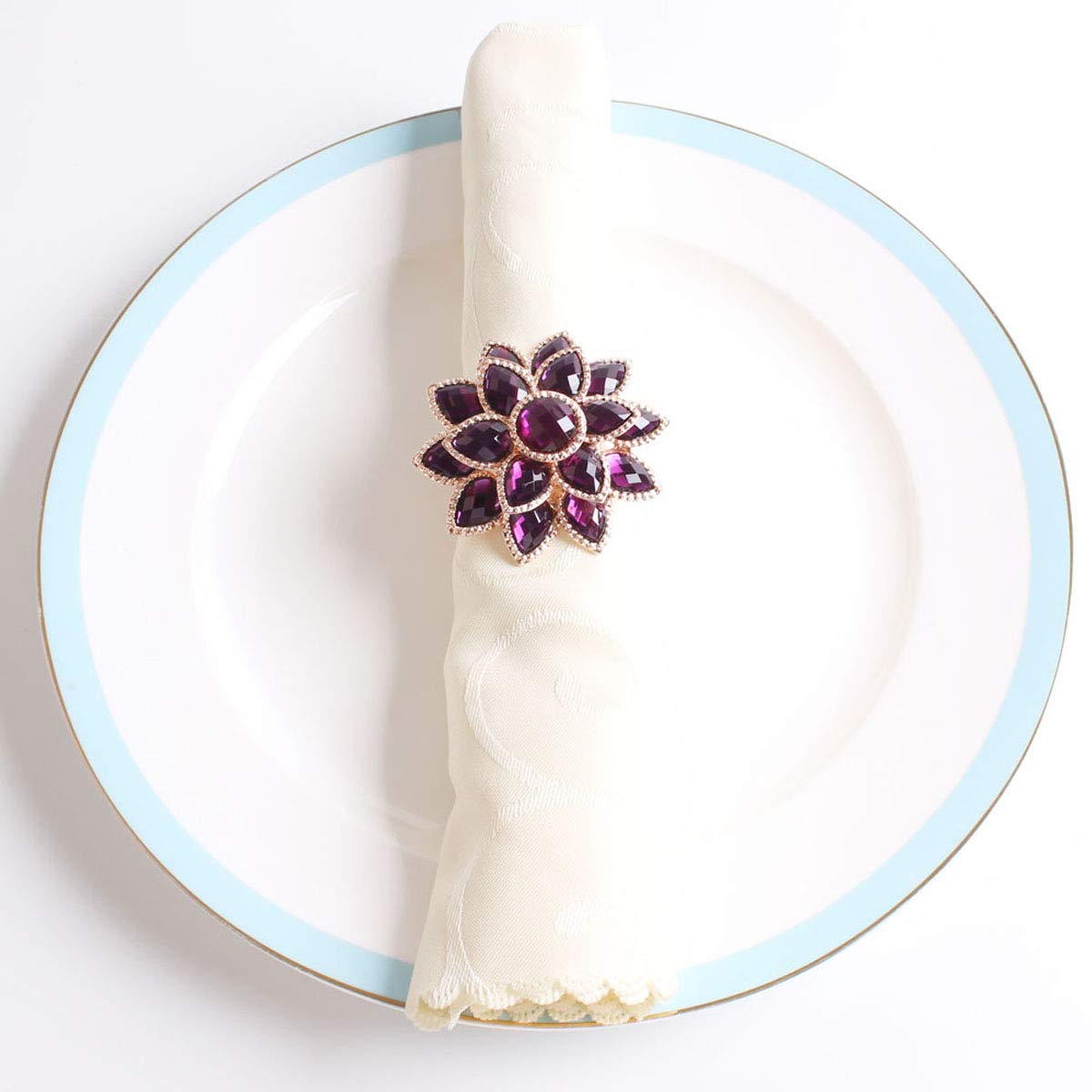 Fennco Styles Rhinestone Crystal Flower Napkin Rings Wedding Holiday Table Decoration - Set of 4