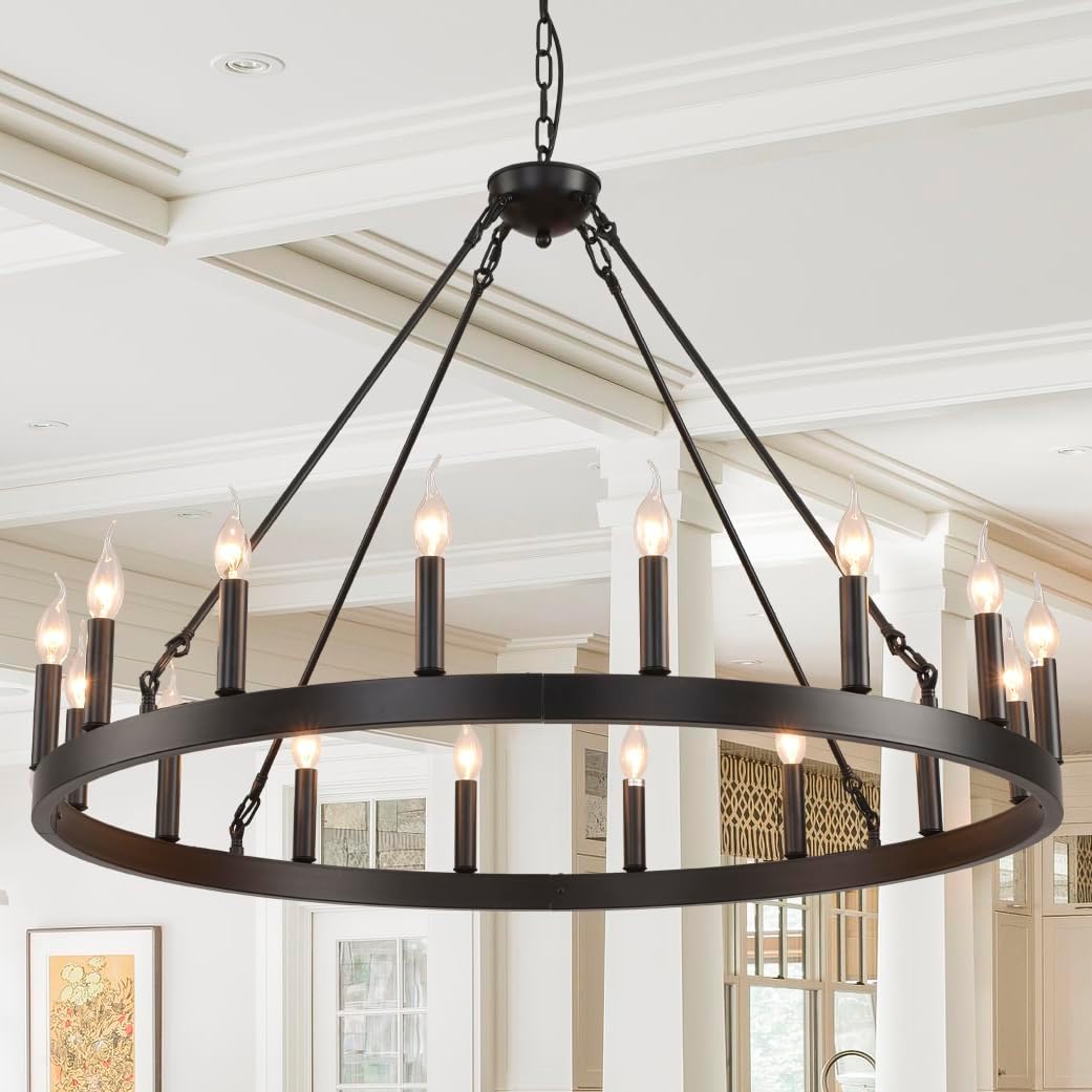 Large Industrial  Black Wagon Wheel Chandelier