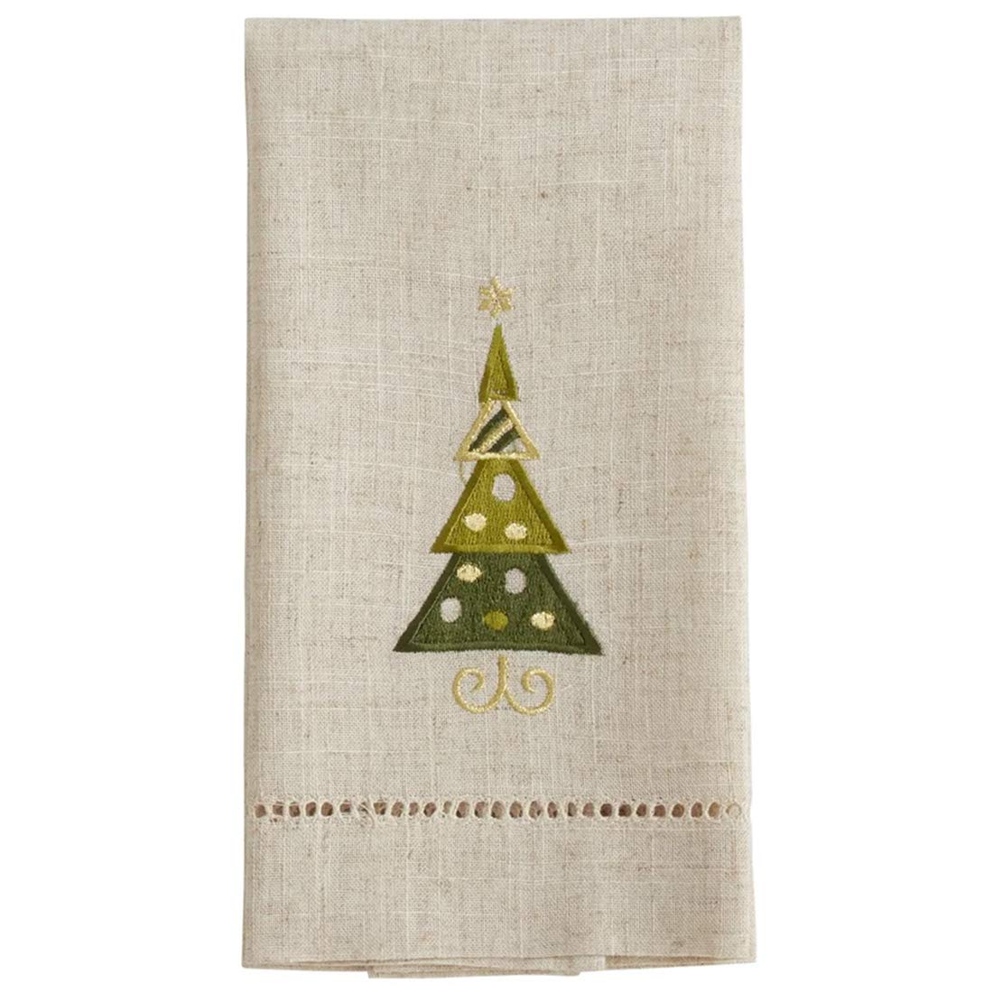 Embroidered and Hemstitched Design Christmas Tree Linen-Poly Guest Towels, Set of 4