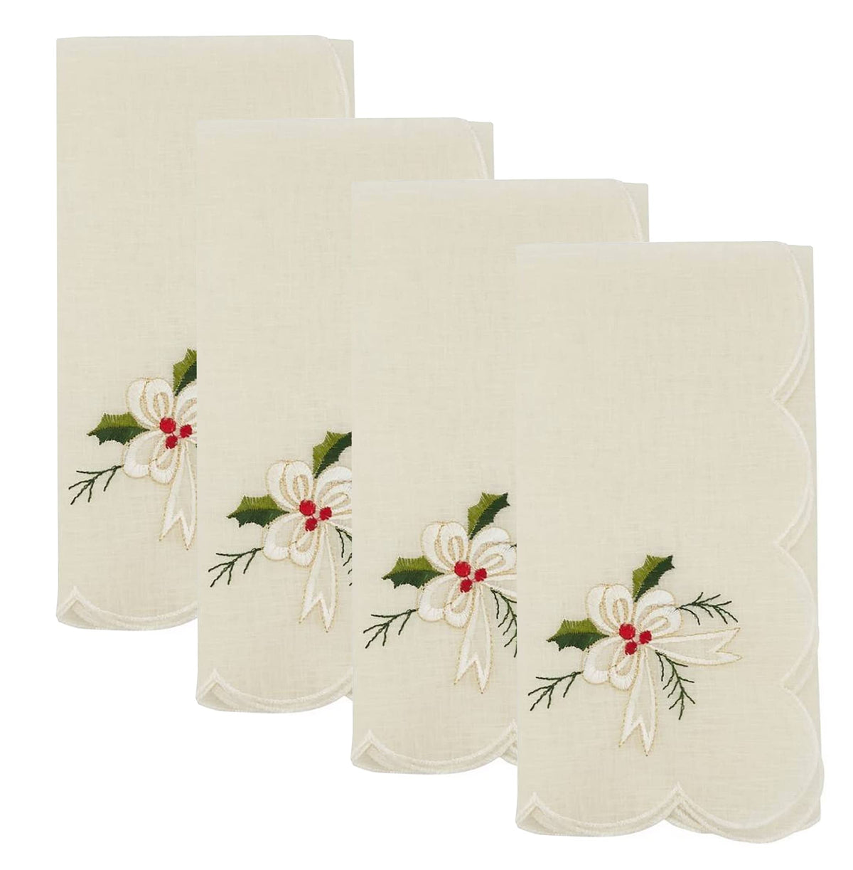 Embroidered Holly & Ribbon Design Holiday Placemats