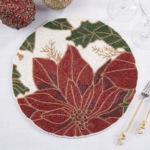 Hand Beaded Poinsettia Christmas Placemat 14" Round