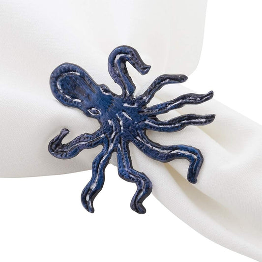 Ronds de serviette Fennco Styles Coastal Octopus en laiton, lot de 4 - Porte-serviettes en métal bleu marine pour maison de plage, décorations de fête nautique, maison, banquet et événement spécial