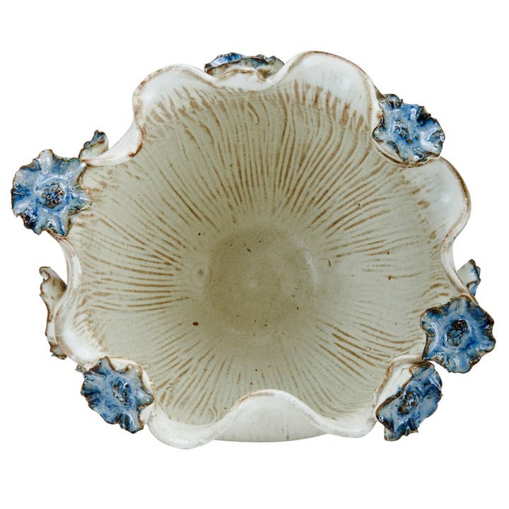 Small Thai Oyster White & Ocean Blue Lily Ceramic Bowl