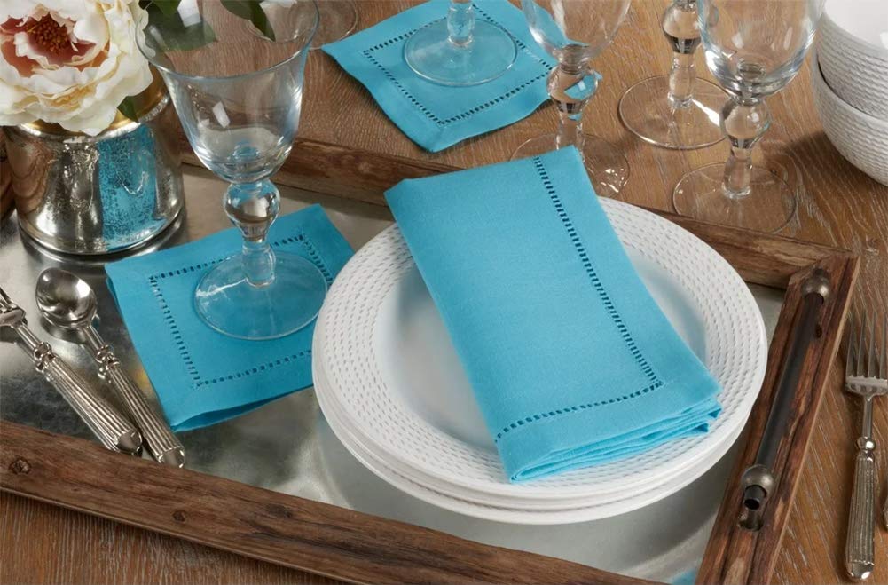 Fennco Styles Classic Hemstitch Design 6 Inch Square Table Cloth Napkin Coasters, Set of 4 – Turquoise Table Cover for Home Décor, Dining Table, Banquets, Holidays and Special Occasions