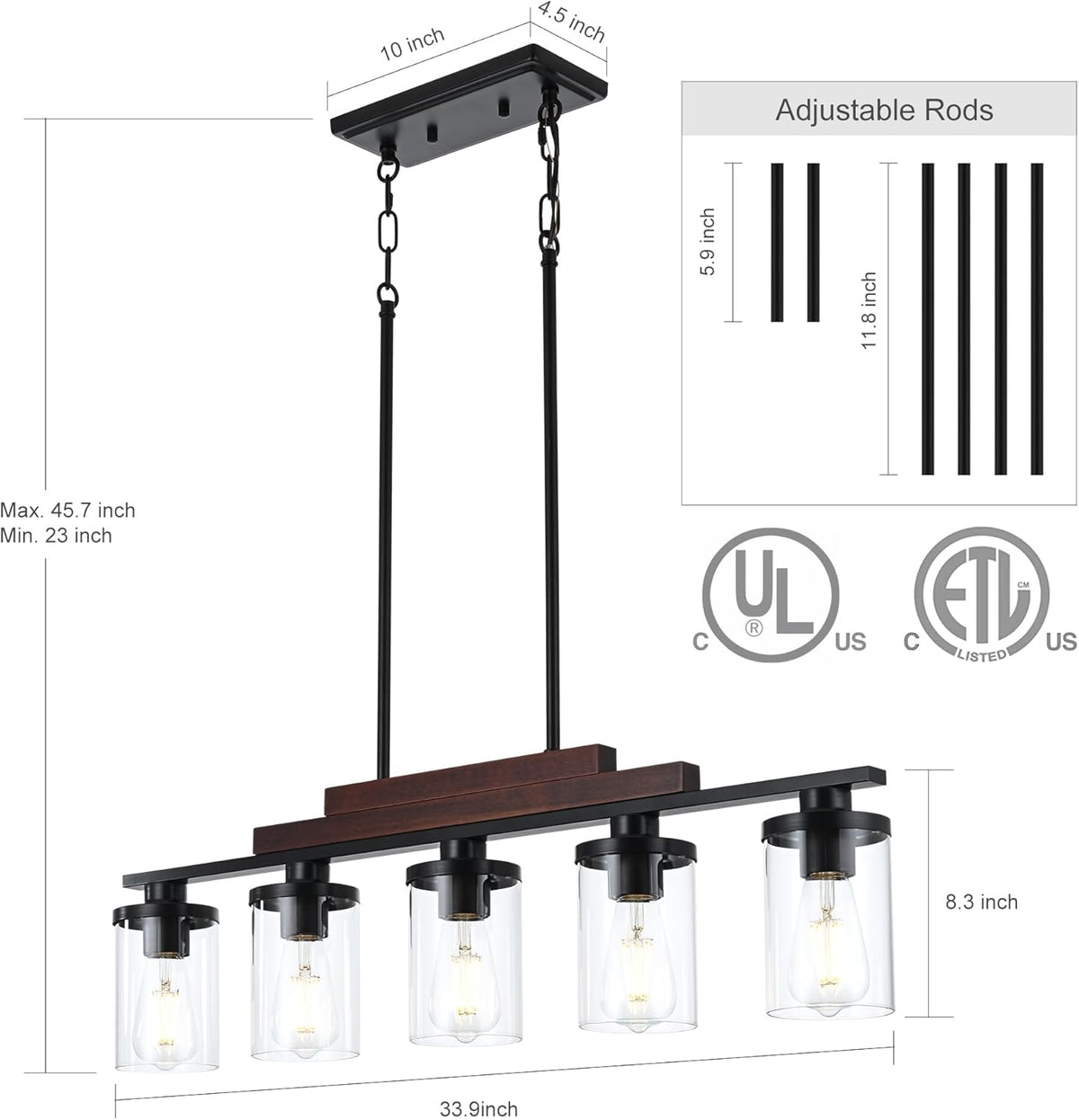 Farmhouse Rustic Wood Linear Chandelier with Clear Glass Shade