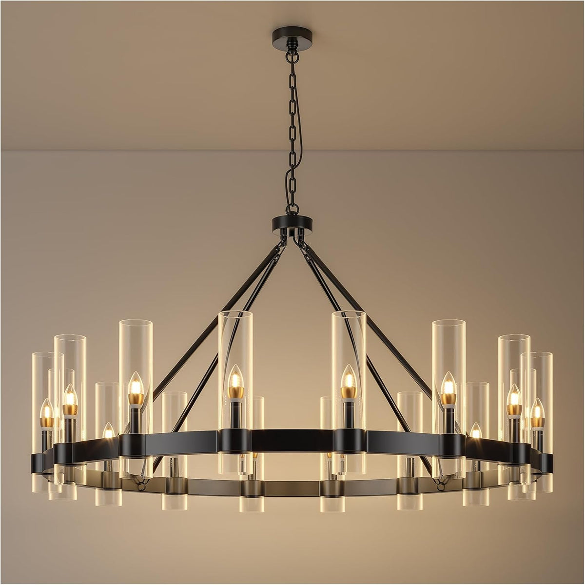 48 Inch Black Wagon Wheel Chandelier with Glass Shade