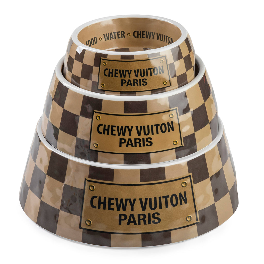 Tan Checker Chewy Vuiton Bowl - Cat or Dog Bowls