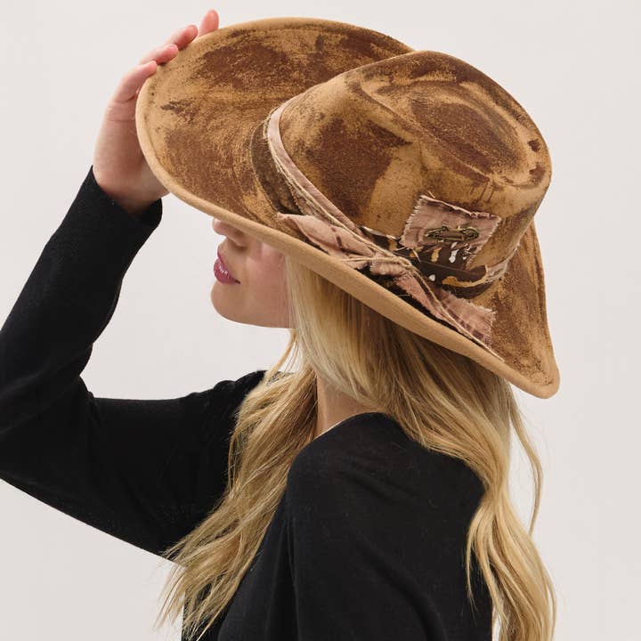 Rustic Cowgirl Feather and Band Fedora Hat MH0235 Hana Brown 58.4 cm
