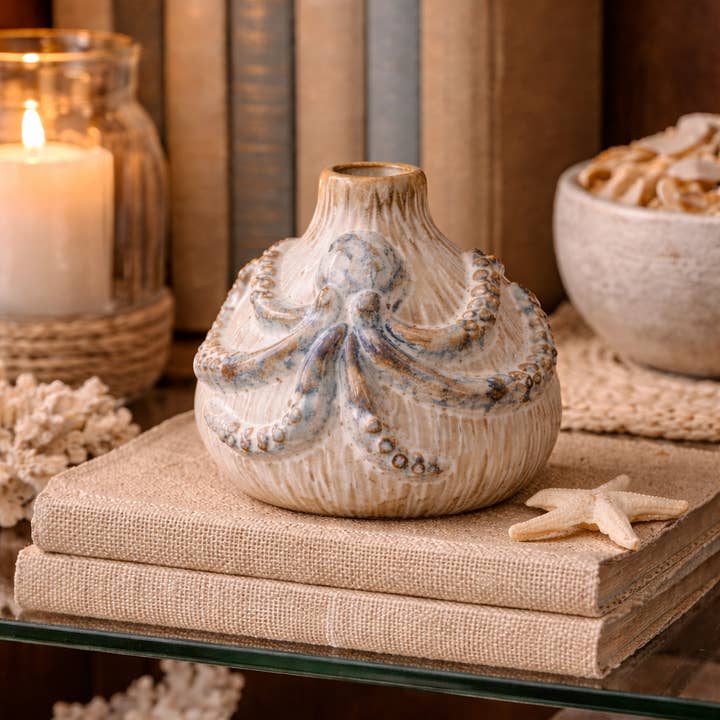 Small Cream & Ocean Blue Octopus Ceramic Vase