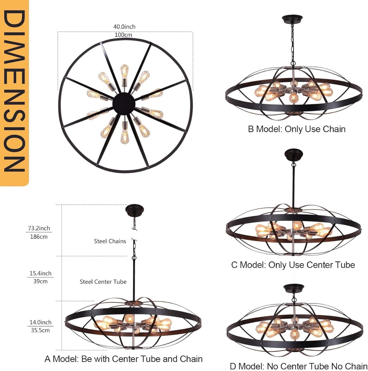 40" Farmhouse Chandelier for High Ceilings