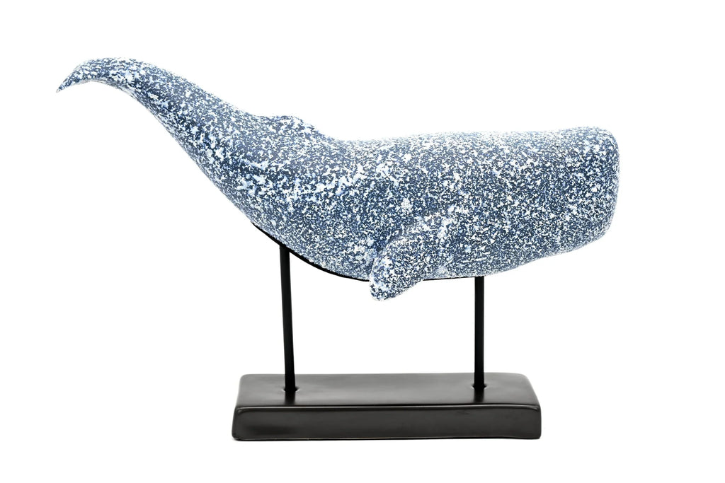 Handcrafted Coastal Blue Porcelain Whale Sculpture on Metal Stand