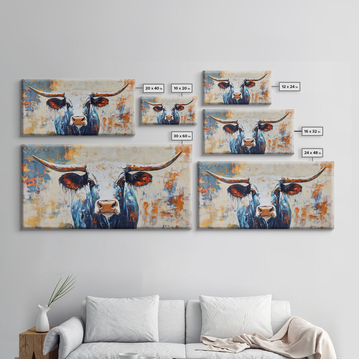 Longhorn Painting, Framed Canvas Print, Rustic Wall Art, Southwest Wall Art, Farmhouse Art, Extra Wide Art, Above Couch Art, Moody Art
