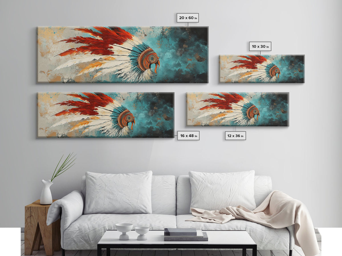 Native American Headdress, modern portrait, southwest wall art, moody art, framed canvas print, gift idea for her