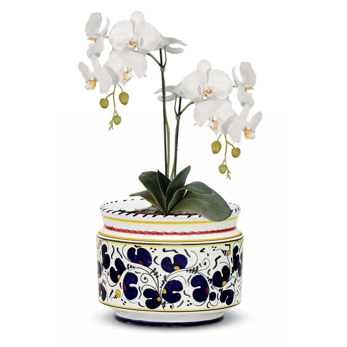 ORVIETO BLUE ROOSTER: Cylindrical Cover Pot - Cachepot Planter (Small)