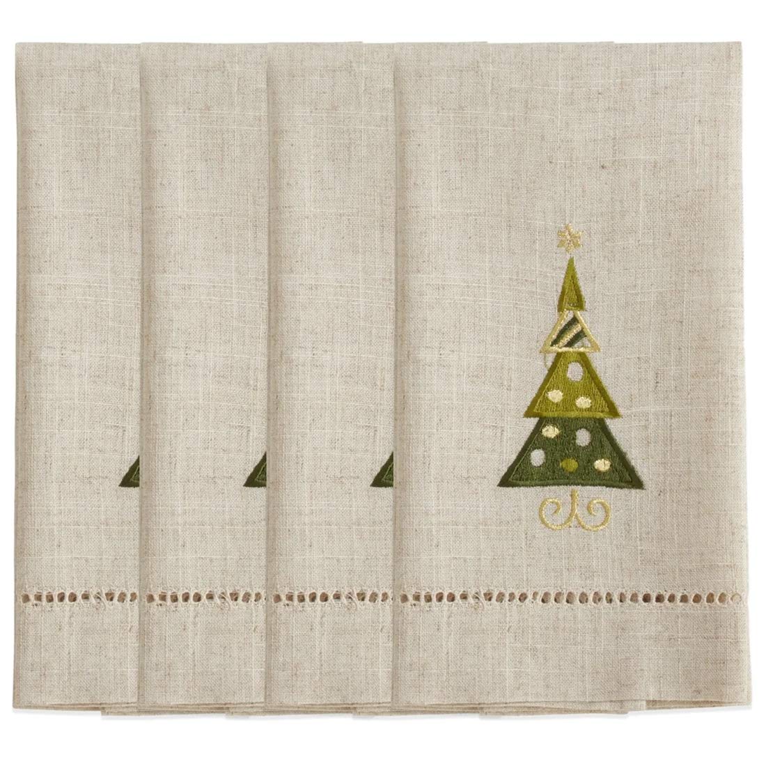 Embroidered and Hemstitched Design Christmas Tree Linen-Poly Guest Towels, Set of 4