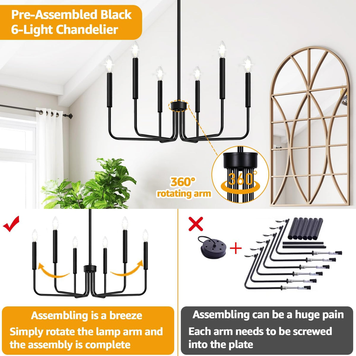 Farmhouse Hanging Candle Chandelier (No Assembly)