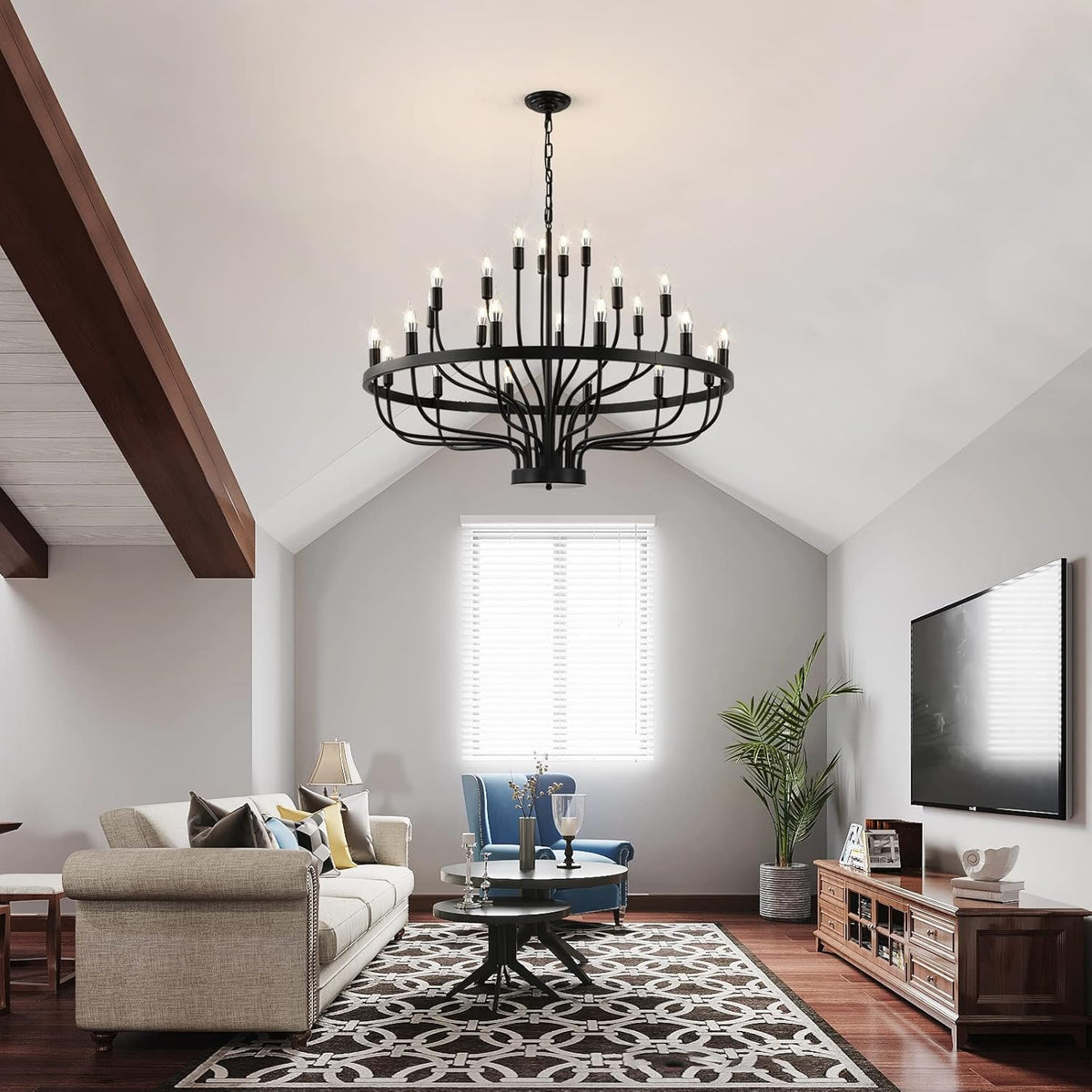 24 Light Black Candle Wagon Wheel Chandelier