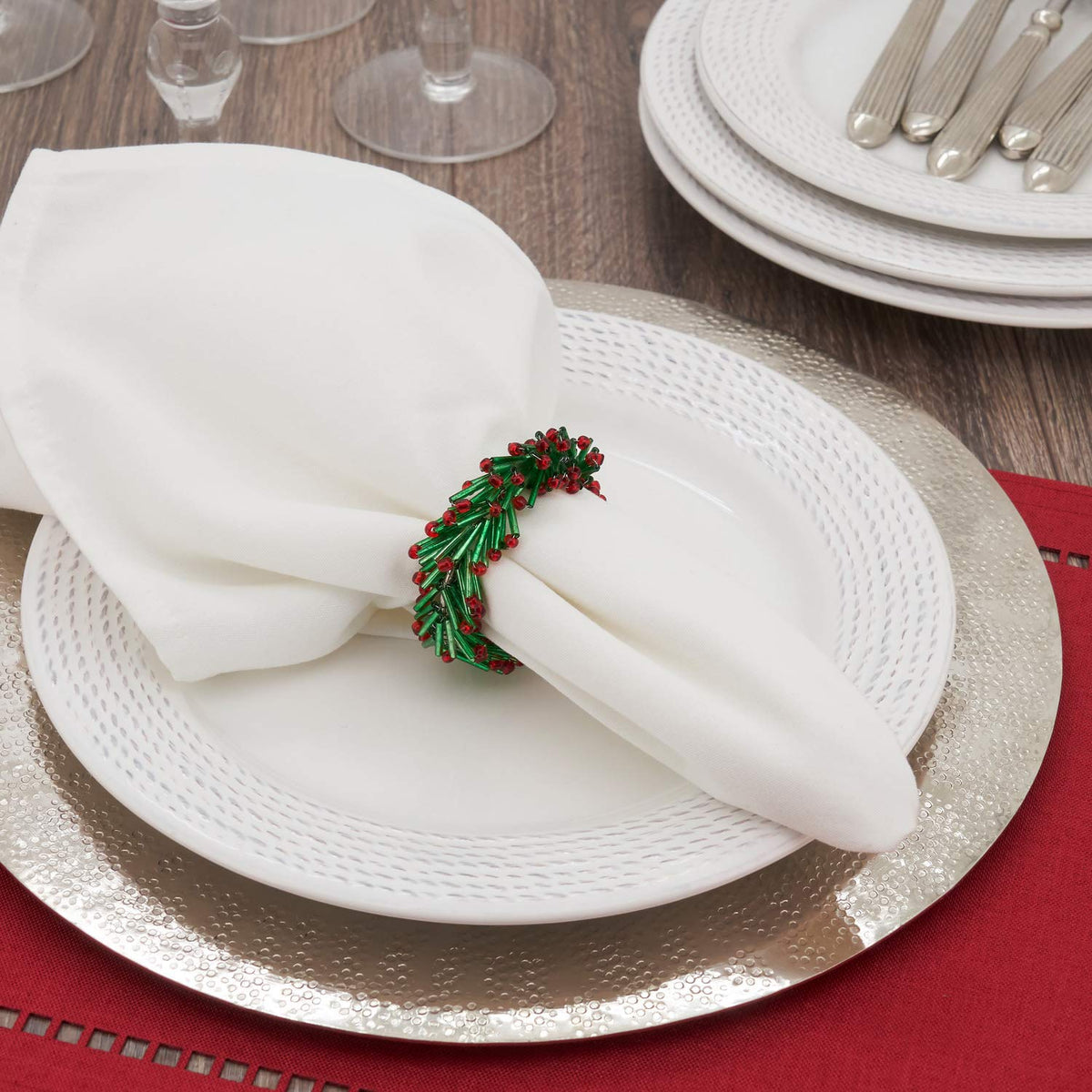Hand Beaded Christmas Wreath Design Decorative Napkin Rings