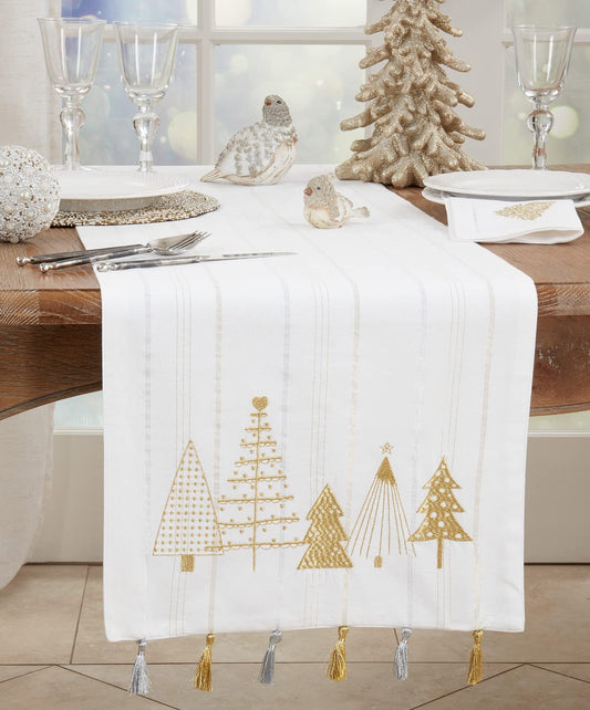 Embroidered Christmas Trees Tassel Cotton Table Runner (16" W x 72" L)