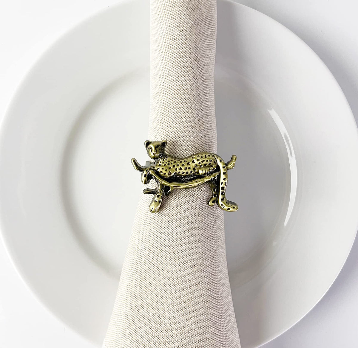 Fennco Styles Leopard Metal Napkin Rings, Set of 4 – Bronze Animal Napkin Holders for Home Décor, Dining Table, Family Gathering, Themed Party, Banquet and Special Occasion