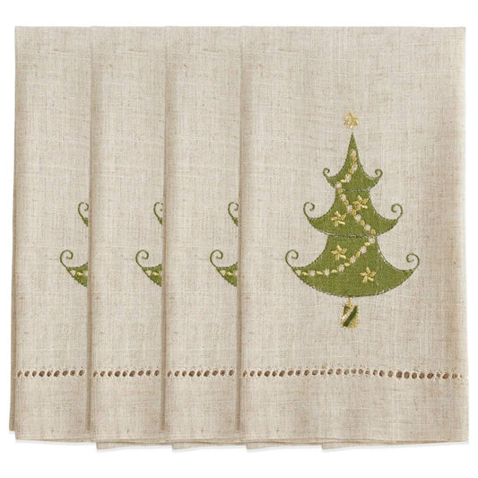 Embroidered and Hemstitched Design Lighted Christmas Tree Linen-Poly Guest Towels, Set of 4