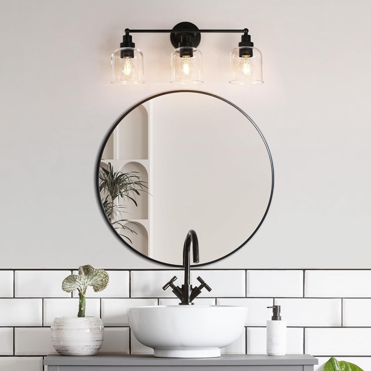 3-Light Black Vanity Light with Clear Glass Shade