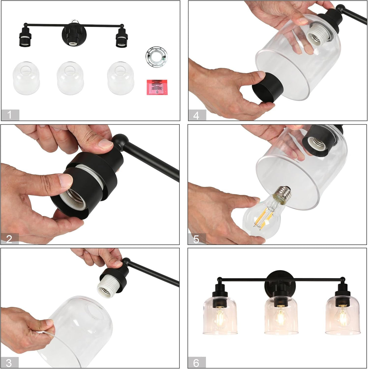 3-Light Black Vanity Light with Clear Glass Shade