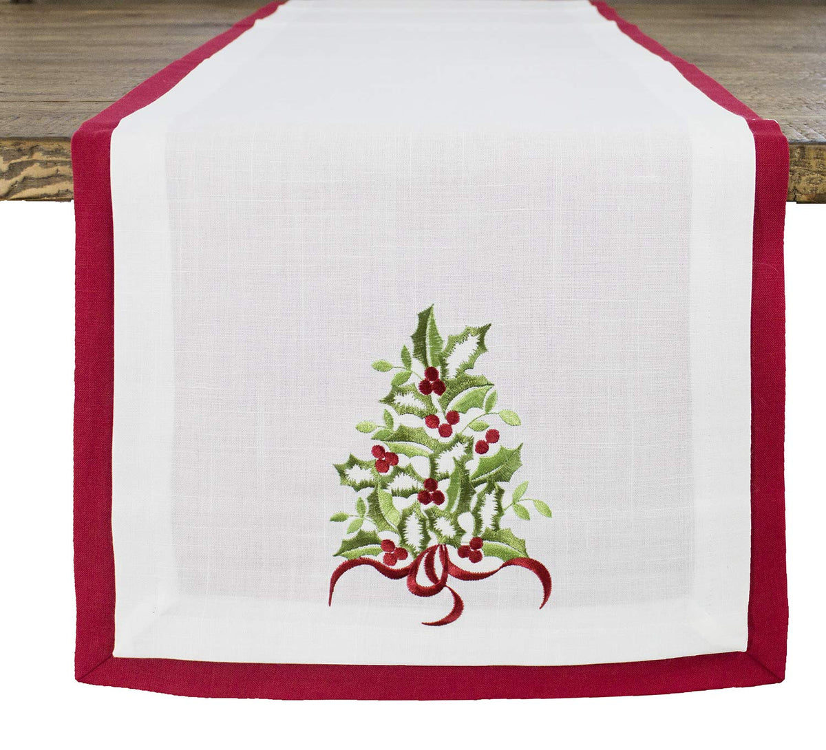 Embroidered Holly Christmas Tree Double-Layer Holiday Tablecloth
