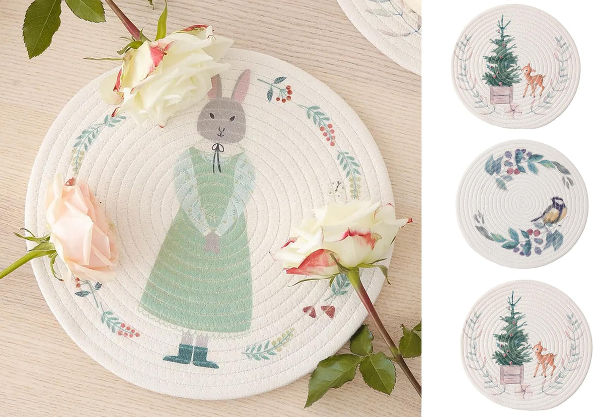 Rabbit & Botanical Print Cotton Blend Woven Placemats