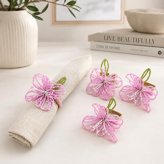 Ronds de serviette fleurs perlées roses