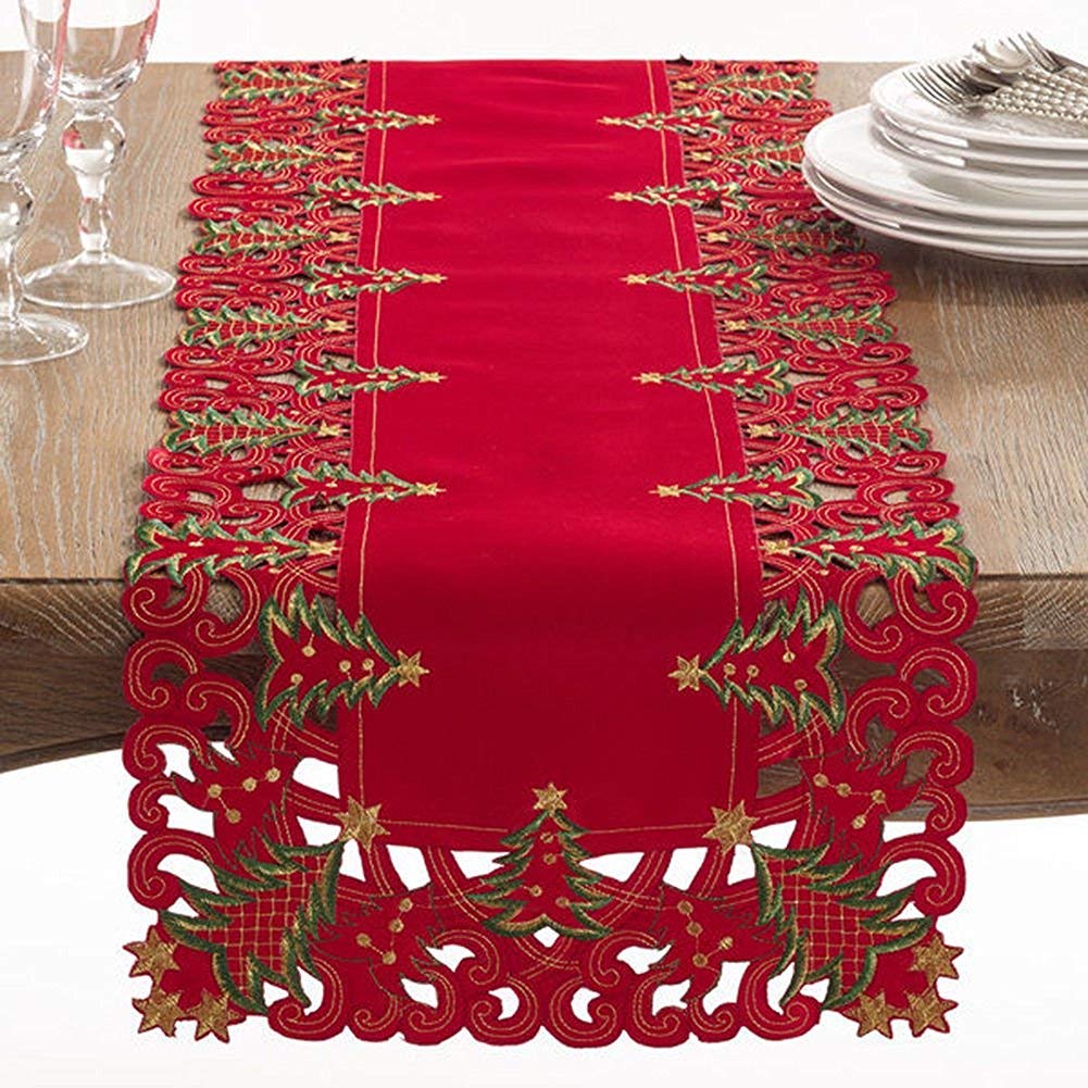 Pandoro Collection Holiday Embroidered Christmas Tree Cutwork Border Table Runner