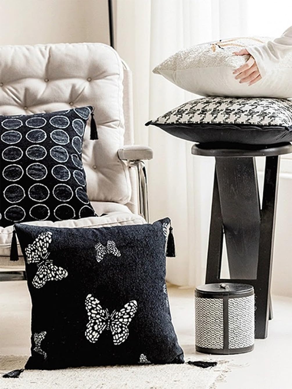 Fennco Styles Jacquard Butterfly Tassel Decorative Filled Throw Pillow 18" W X 18" L – Black Woven Square Cushion for Couch, Sofa, Bedroom, Office and Living Room Décor
