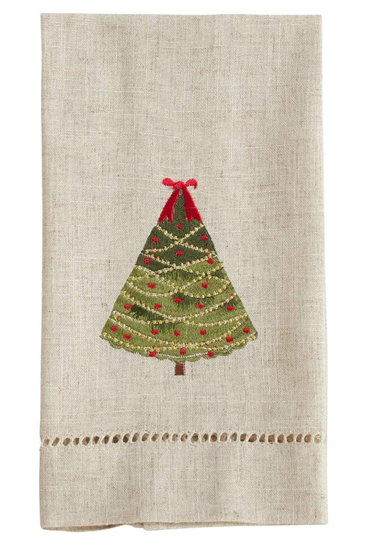 Embroidered and Hemstitched Design Ribbon Christmas Tree Linen-Poly Guest Towels, Set of 4