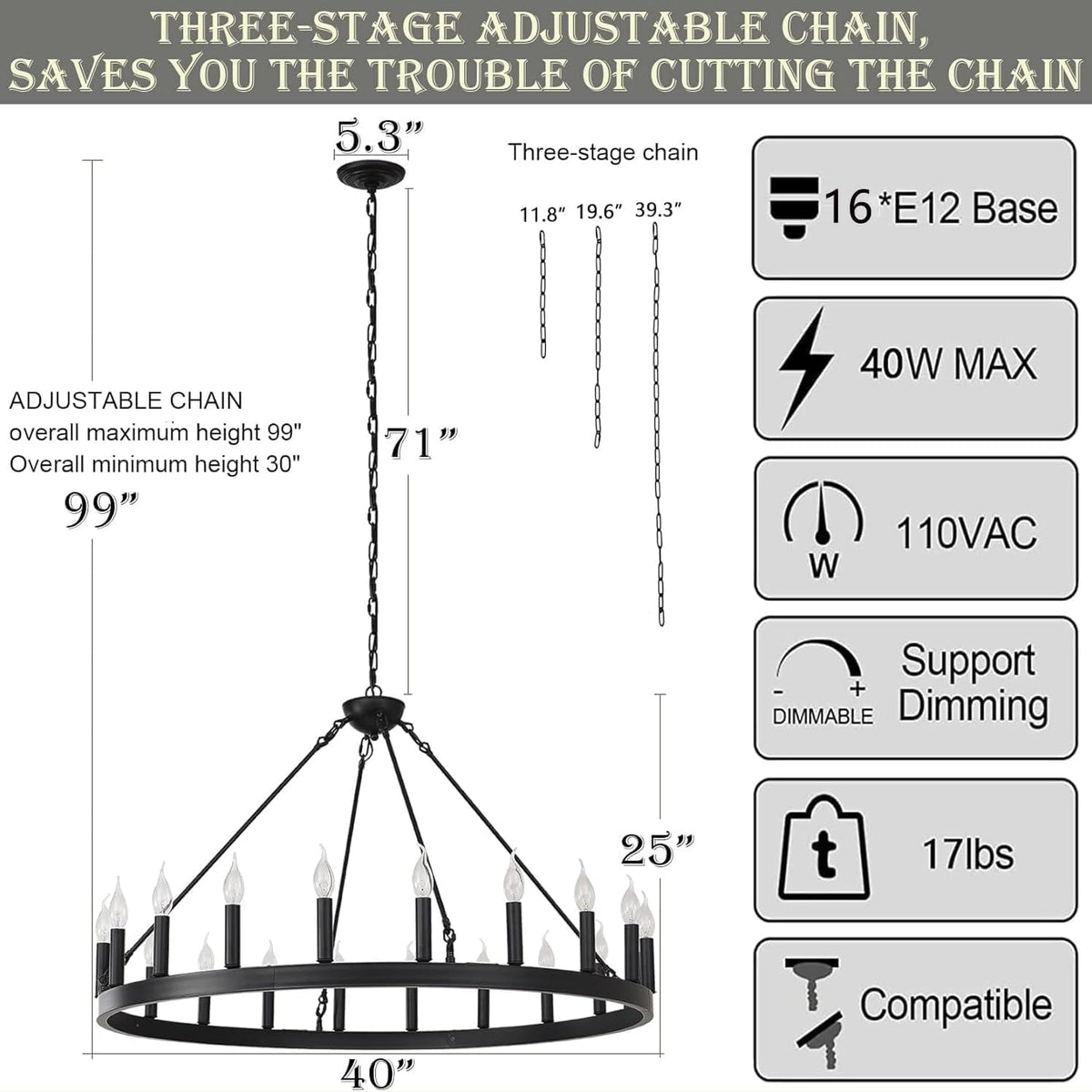 Large Industrial  Black Wagon Wheel Chandelier