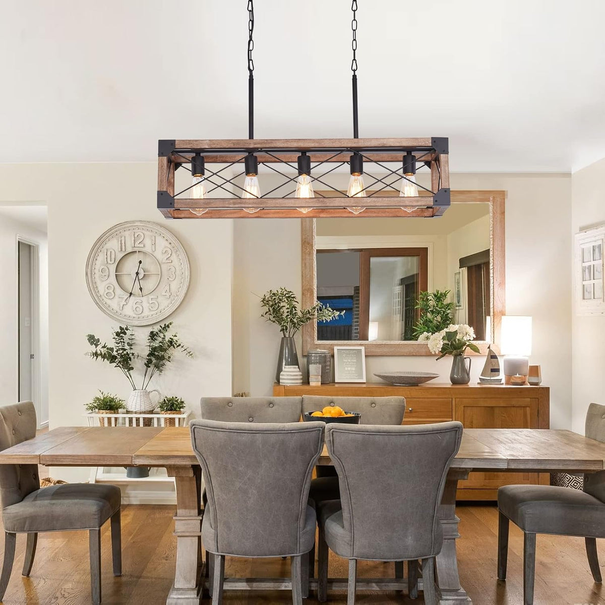 Farmhouse 5-Light Linear Chandelier with Solid Wood