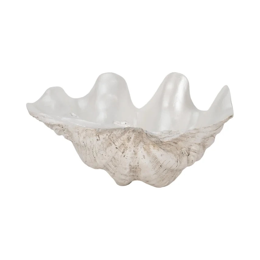 Ivory Pearlized Wavy Shell Bowl – Coastal Polyresin Accent (9")