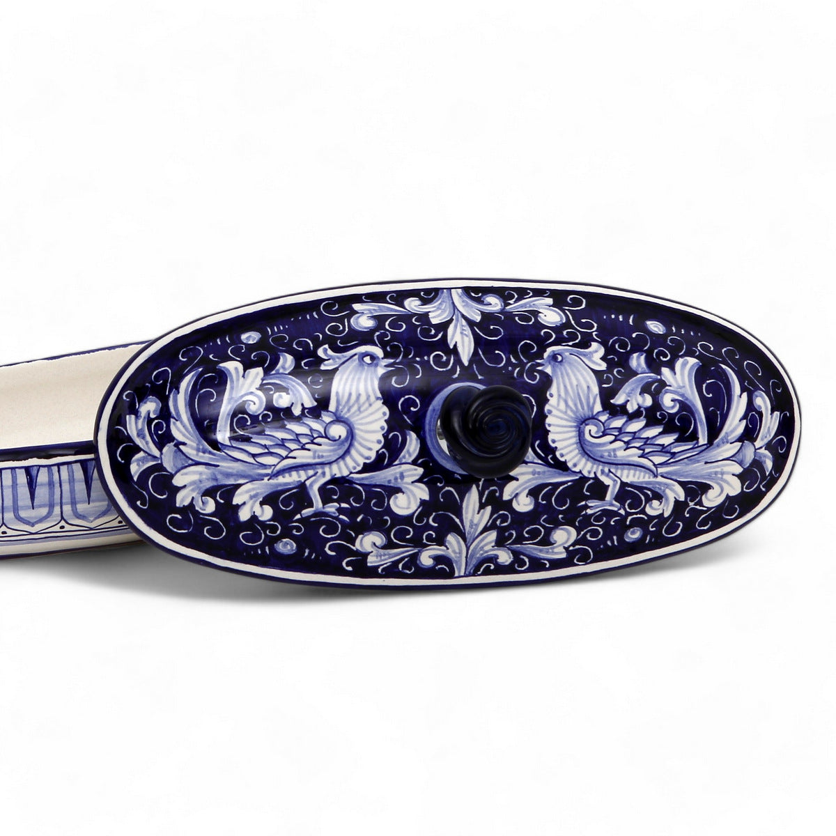 BOÎTE À BIJOUX : Boîte souvenir ovale authentique de Deruta avec bouton en Murano - Motif DERUTA FONDO BLU