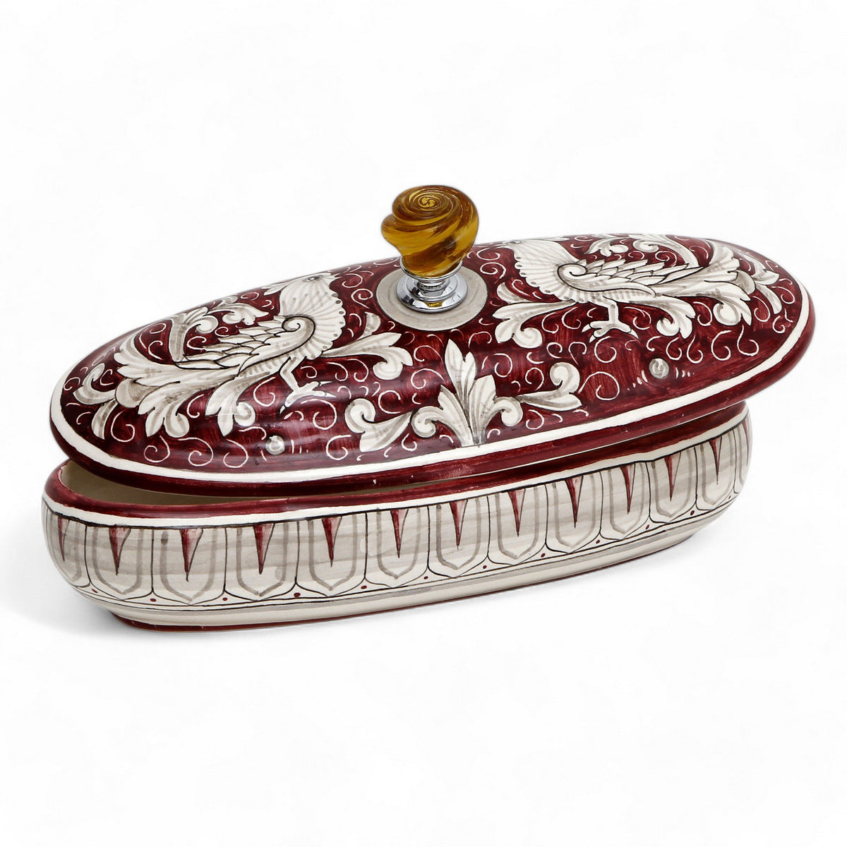 BOÎTE À BIJOUX : Véritable boîte souvenir ovale de Deruta avec bouton en verre de Murano - Motif DERUTA FONDO ROSSO