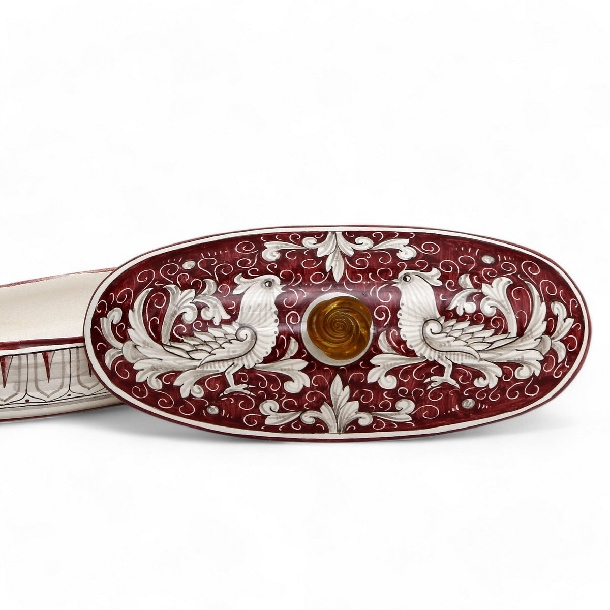 BOÎTE À BIJOUX : Véritable boîte souvenir ovale de Deruta avec bouton en verre de Murano - Motif DERUTA FONDO ROSSO