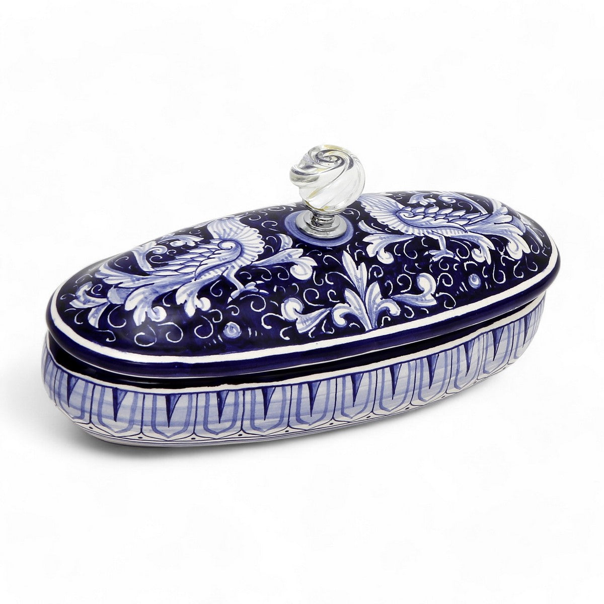 BOÎTE À BIJOUX : Boîte souvenir ovale authentique de Deruta avec bouton en Murano - Motif DERUTA FONDO BLU