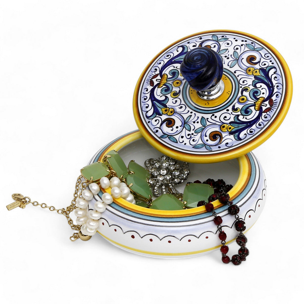 JEWERLY BOX: Authentic Deruta Keepsake Round Box with Murano Knob - RICCO DERUTA design