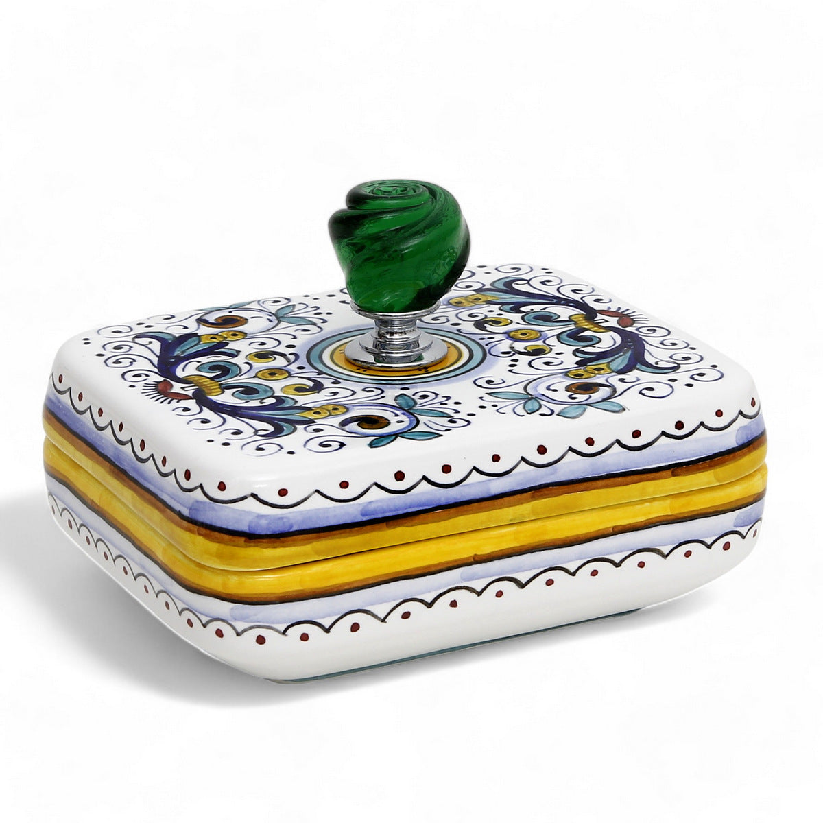 PORTAGIOIE: Autentico cofanetto rettangolare di Deruta con pomello in vetro di Murano - decoro RICCO DERUTA