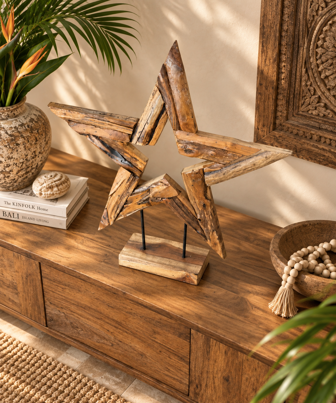 Hand-Carved Bali Teak Star Sculpture on Stand – Medium