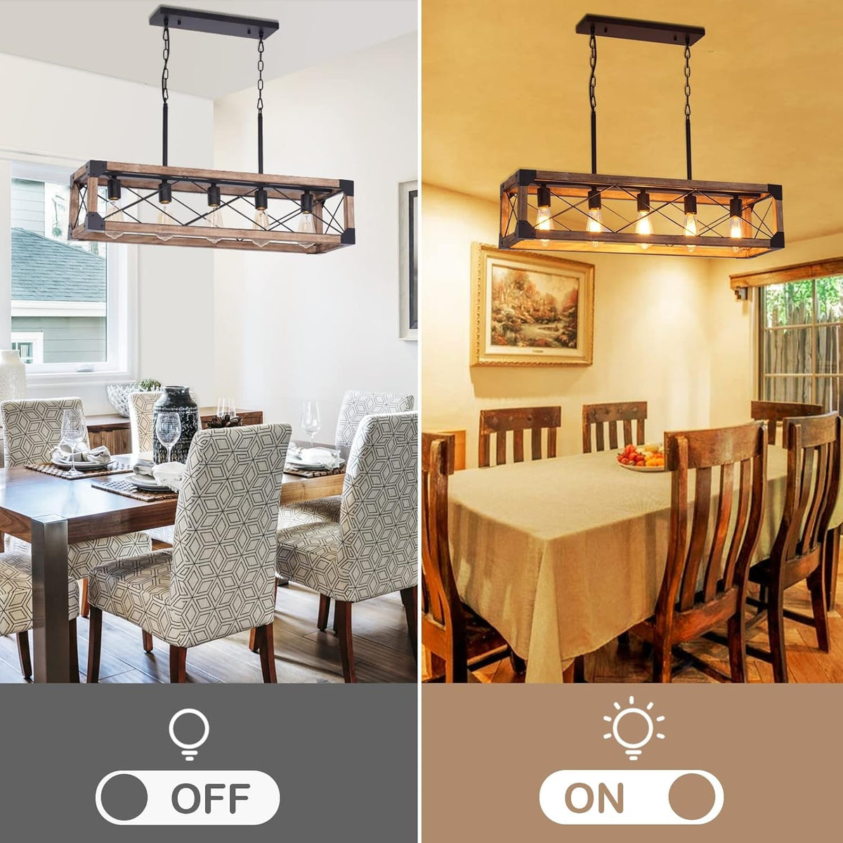 Farmhouse 5-Light Linear Chandelier with Solid Wood