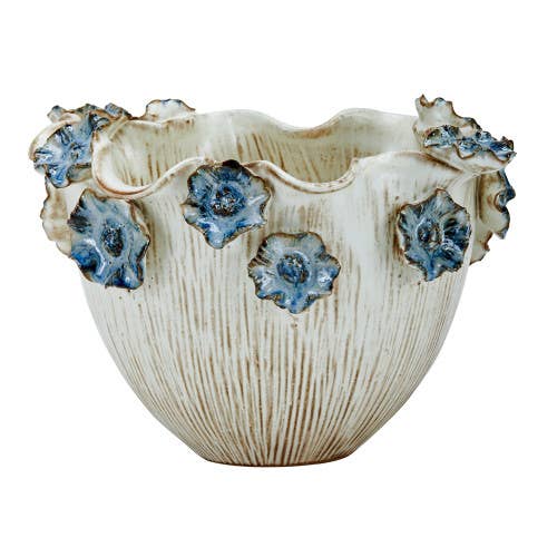 Small Thai Oyster White & Ocean Blue Lily Ceramic Bowl