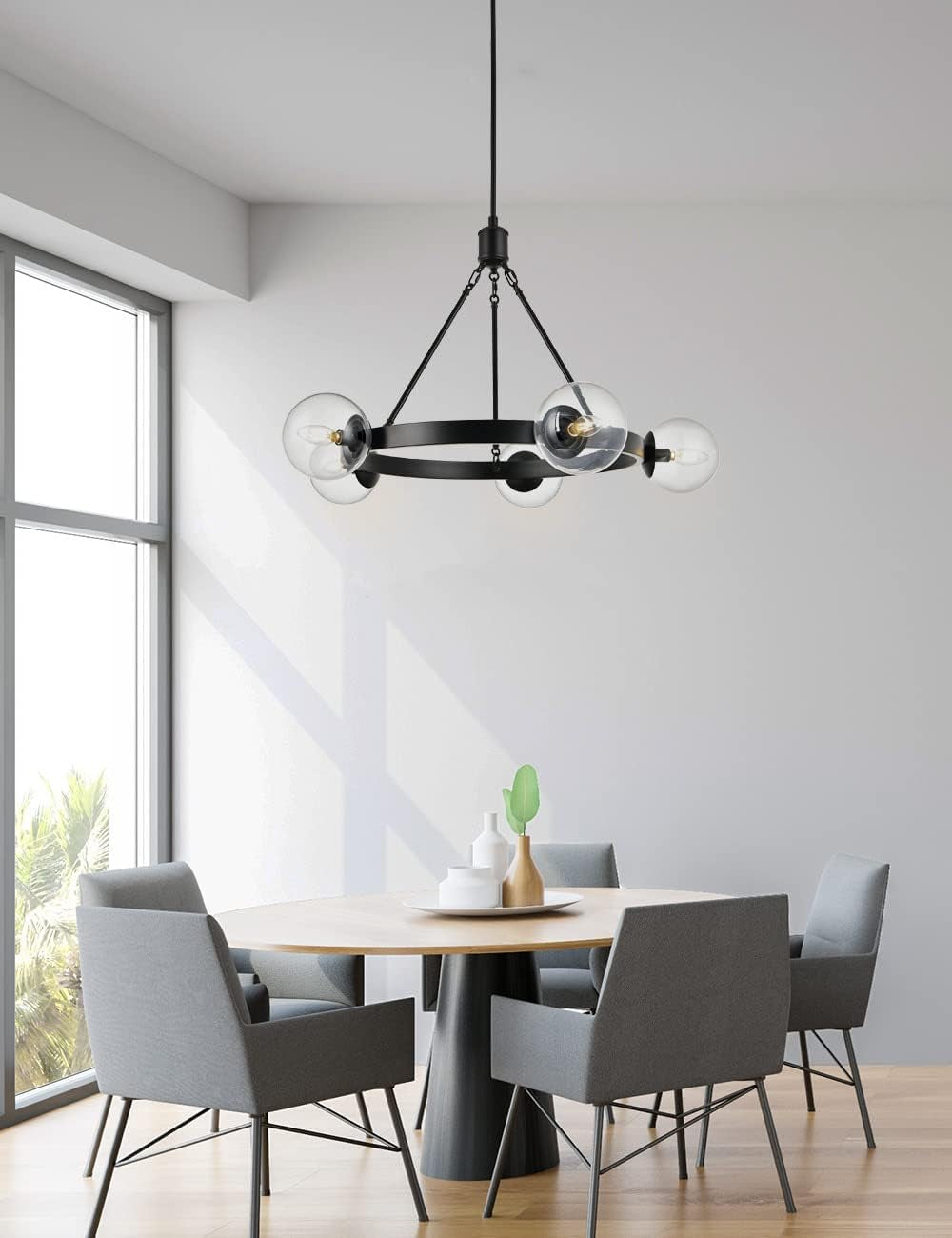 5 Light Black Globe Wagon Wheel Chandelier