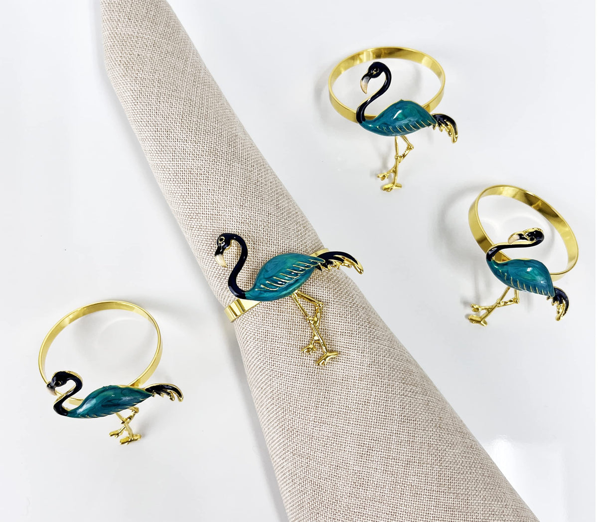 Fennco Styles Enamel Glazed Flamingo Metal Napkin Rings, Set of 4 - Beige Decorative Napkin Holders for Home, Dining Room, Banquets, Family Gatherings, Holidays and Special Occasions