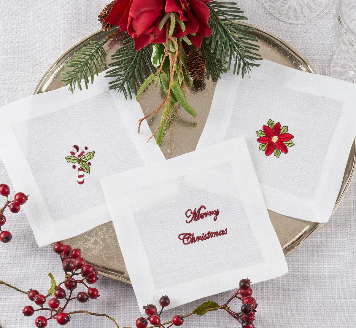 Fennco Styles Embroidered Christmas Cocktail Napkins 6" W x 6" L, Set of 4 - White Cloth Coasters for Dining Table, Family Gatherings, Holidays, Banquets & Home Décor